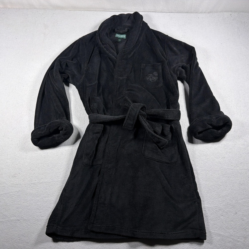 Lauren Ralph Lauren Robe Womens XL Black Fleece Kimono Belted Embroidered Logo